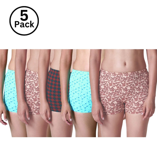 Jackadams USA  Pack of 5 Women’s Boyleg Panties Antibacterial Cotton Lycra Strech Hipster Panty, Moisture Wicking(Color & Prints May Vary)